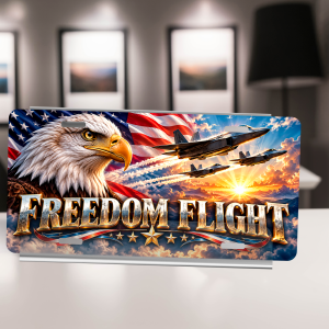 Freedom Flight license plate with a bald eagle, American flag, and fighter jets above a sunset
