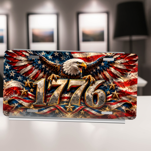 1776 patriotic license plate featuring a bald eagle and distressed American flag on a tabletop display