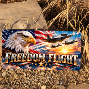 Freedom Flight patriotic license plate displayed outdoors beside wood and dry grass