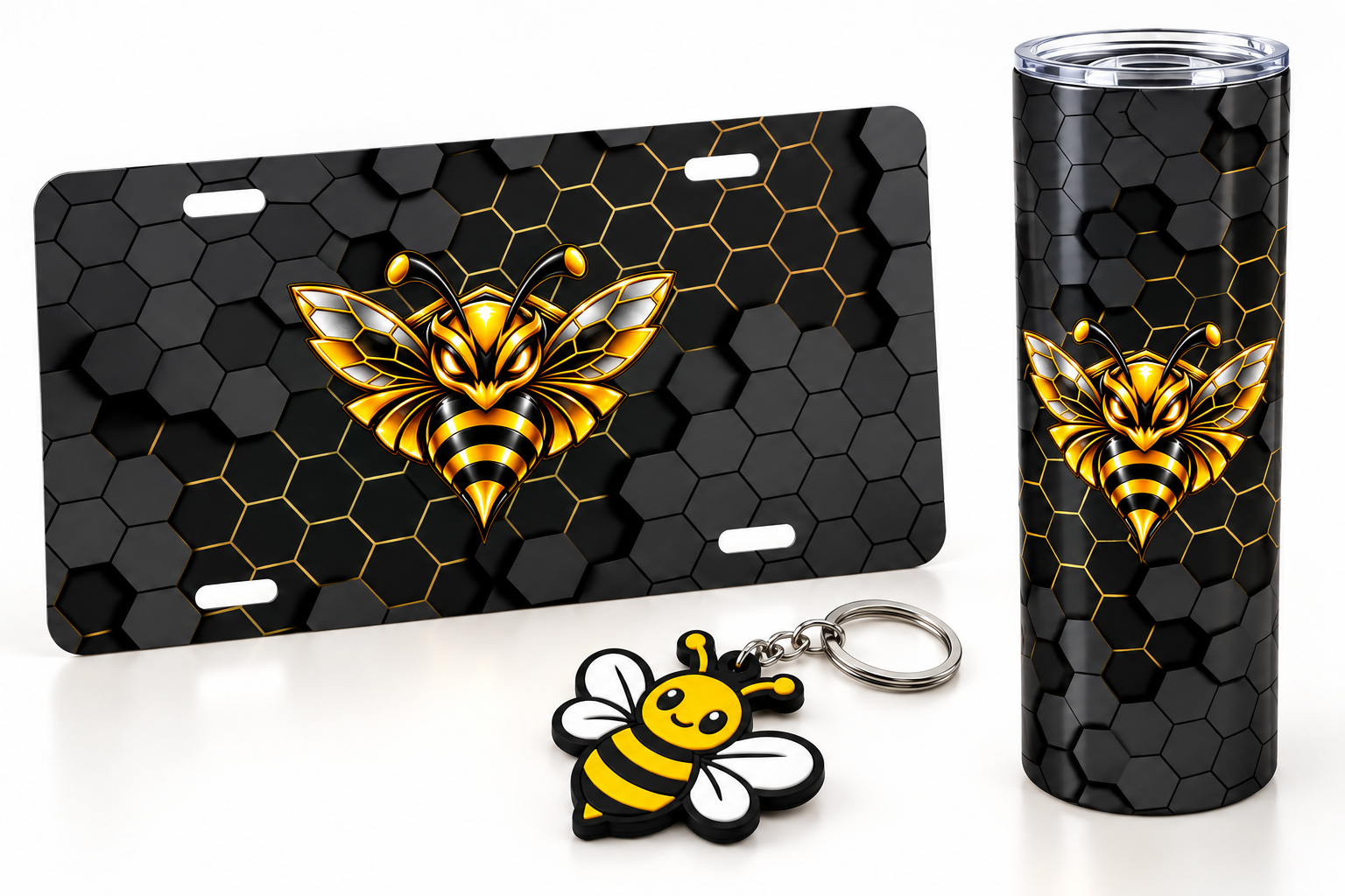 Killer Bee Studio collection featuring a bee license plate, 20 oz tumbler, and PVC keychain